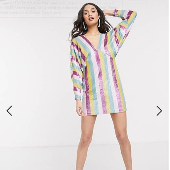 asos striped sequin dress ASOS Design Sequin Stripe Batwing Mini Dress Size 2 Rainbow